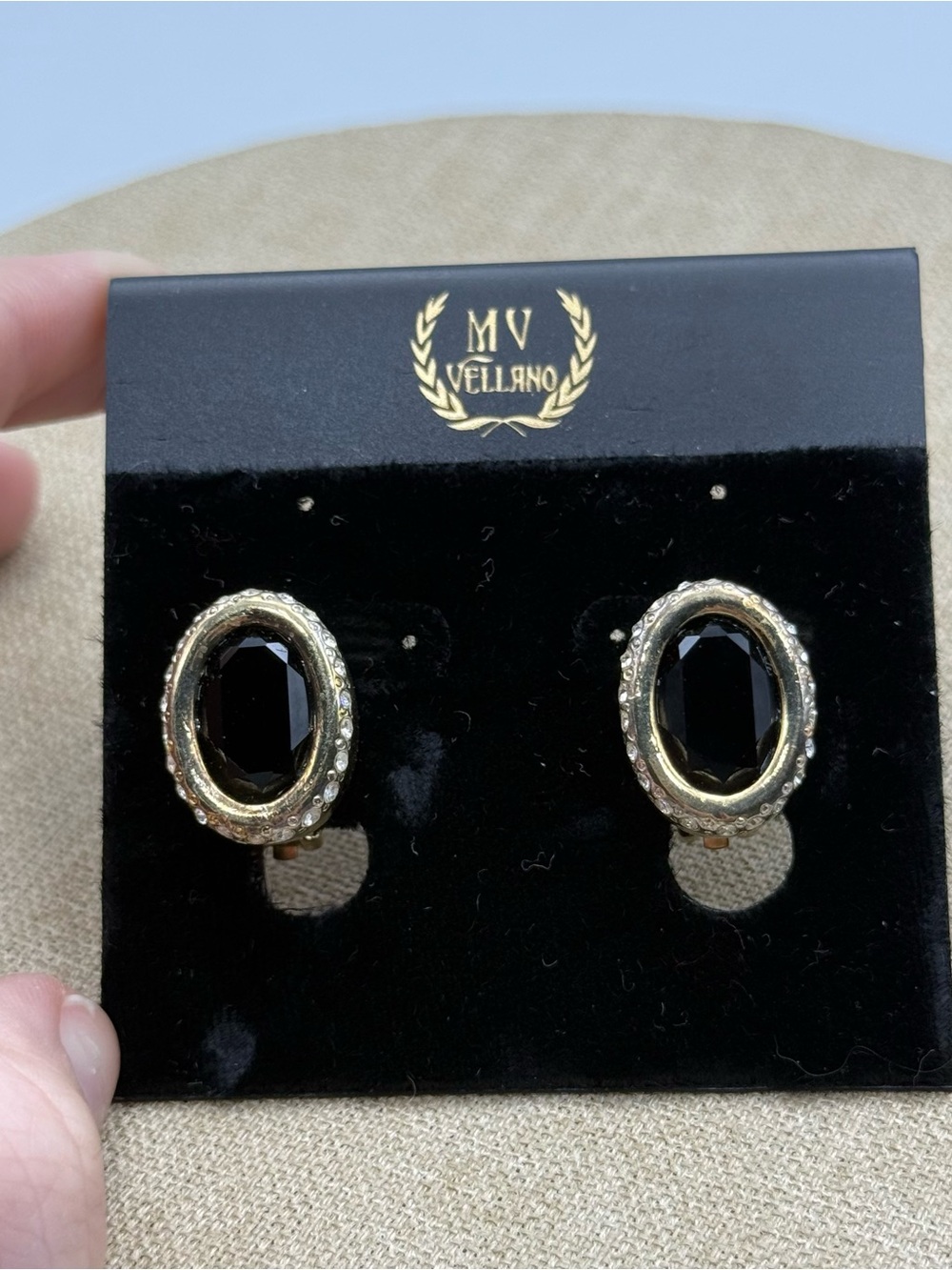 vintage MV Vellano black onyx and rhinestone clip-on earrings